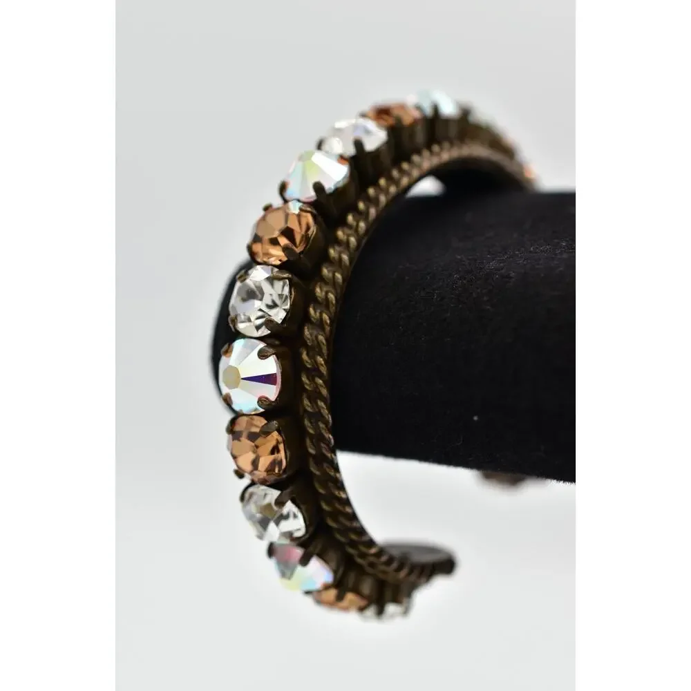 Sorrelli Vintage Crystal Cuff Bangle Aurora Borealis Chocolate Brass Signed BinO